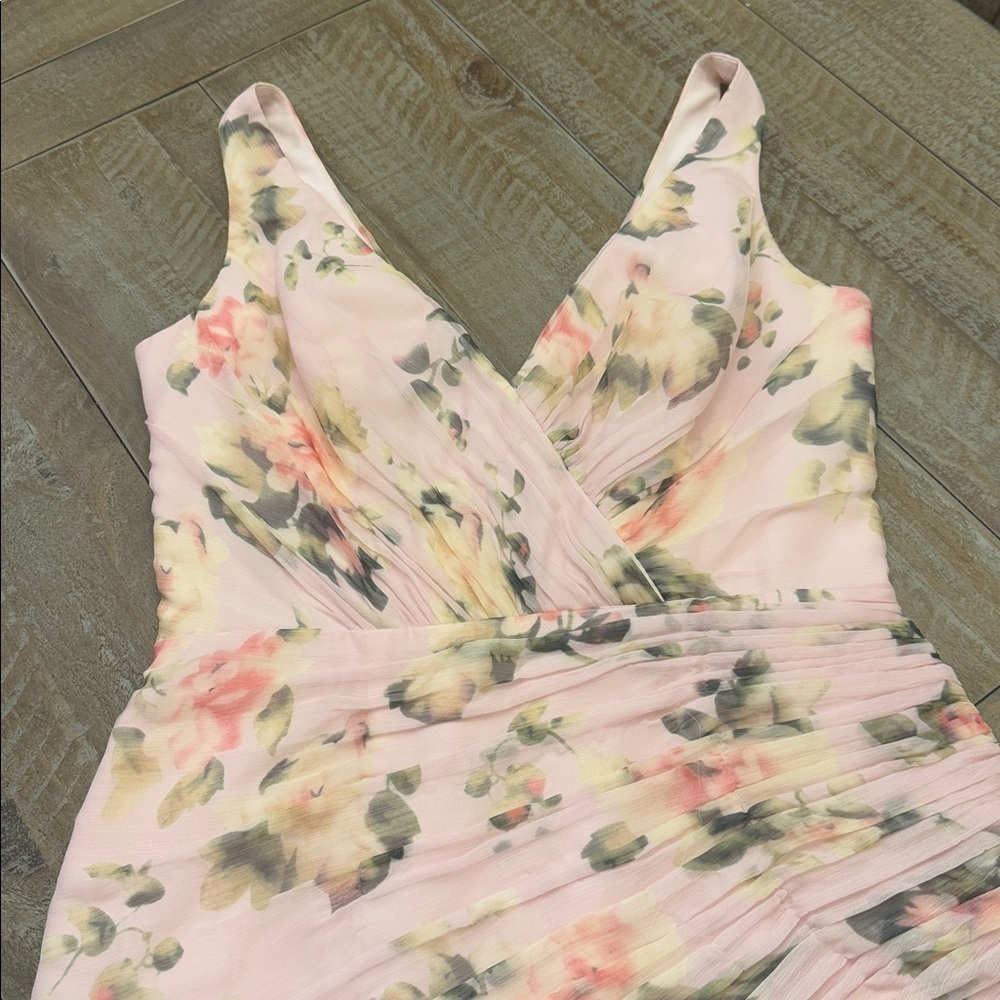 IEENA FOR MAC DUGGAL
Light Pink Floral Print Asymmetrical Ruffle Hem Dress - Picture 3 of 15